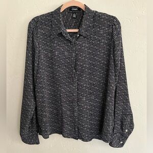 Chaps Navy White Polka Dot Button Down Blouse Large
